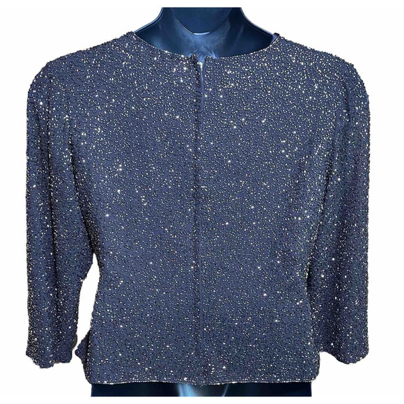 Jkara Beaded Black Gold Formal Blouse Evening Party Top Zip Back VNeck Womens 12 - Picture 4 of 16